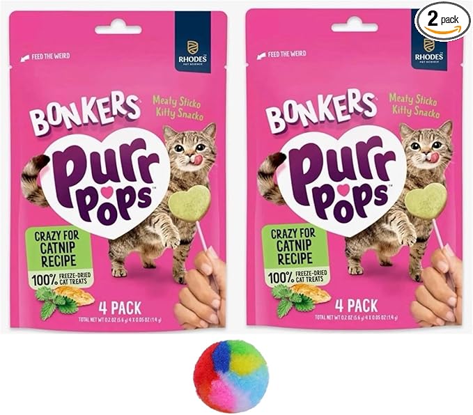 Bonkers Purrpops, Freeze Dried Crazy for Catnip Recipe Flavored Lollipop Cat Treats, for All Breeds and Ages - 8 Pieces (2 Packs) with 1 Cat Pom Pom Balls Toy