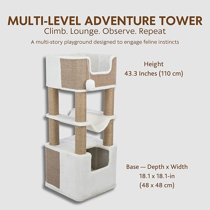 Trixie Lucano 43.3-in XXL Cat Tree, Indoor Cat Furniture with Jute Scratching Posts, Sisal and Plush Covered Condo, Dangling Interactive Toys, Brown