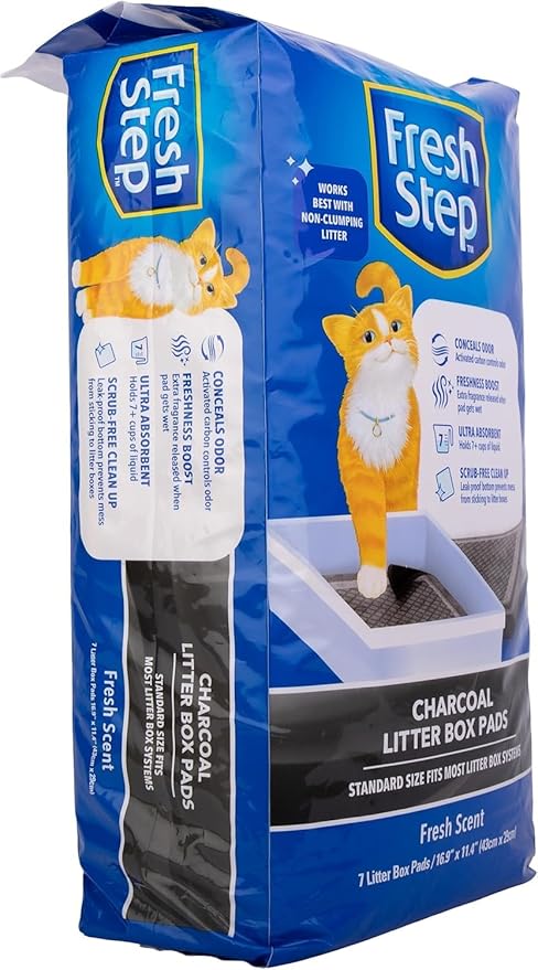 Fresh Step Charcoal Litter Box Pads with Activated Carbon for Odor Control, Ultra-Absorbent with Leak-Proof Bottom for Scrub-Free Cleanup, 16.9 x 11.4 Inches, 7 Count - 2 Pack