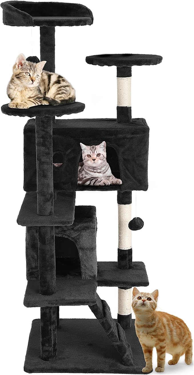 24/7 Shop at Home Court 54 inch Multi-Level Cute Cat Tree Tower with Dangling Ball and Scratching Posts for Indoor Cats Adults, Kitten Supplies, Pet House, Dark Gray