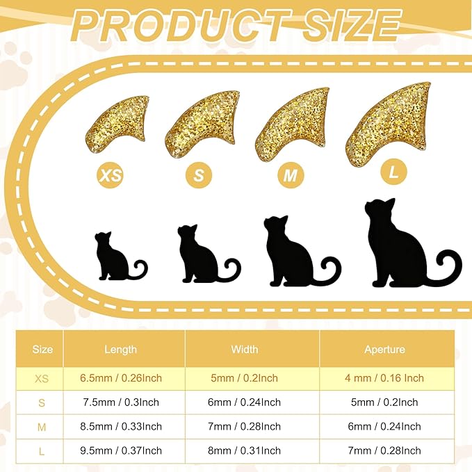Cat Nail Caps, Cat Claw Covers with Adhesive Glue and Applicators, Kitten Claw Caps Soft Paws, (40 Pcs, XS, Crystal Gold), Intended for Pet Tips/Nail Covers/Control Paws