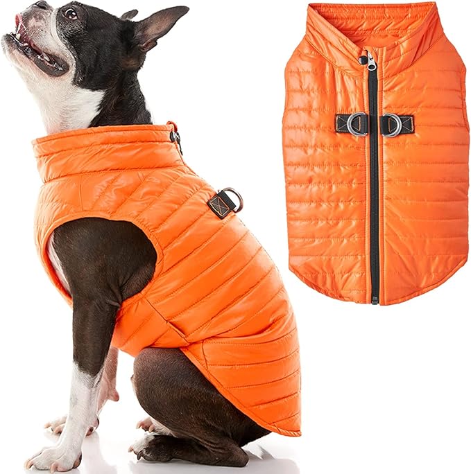 Gooby Puffer Vest Dog Jacket - Orange, X-Small - Ultra Thin Zip Up Wind Breaker with Dual D Ring Leash Water Resistant for Small to Medium Dogs