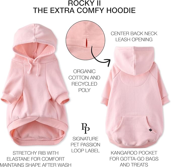 Pet Passion Rocky II - The Extra Comfy Hoodie, Organic Cotton and Recycled Poly Dog Hoodie Pet Coat Sweater for Small, Medium, Large Dogs, Pink, XXX-Small (up to 5lbs)