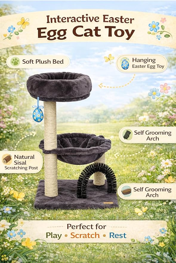 Simple Deluxe 27.8" Small Cat Tree with Easter Eggs,Multi-Level Cute Cat Tree with Scratching Post| Plush Hammock| Perch| Random 3 Pcs Easter Eggs| Groomer Brush for Kittens Play & Rest