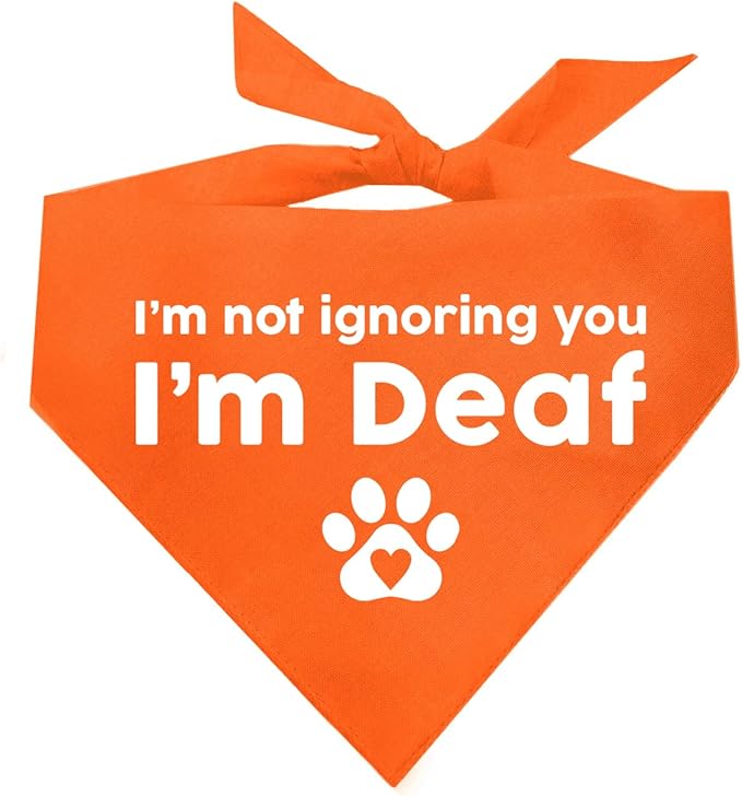 I'm Not Ignoring You I'm Deaf Dog Bandana | 100% Adjustable Cotton Triangle | Made in USA | Deaf | Impaired | Hearing Loss Accessory | Warning (Orange, OS 351)