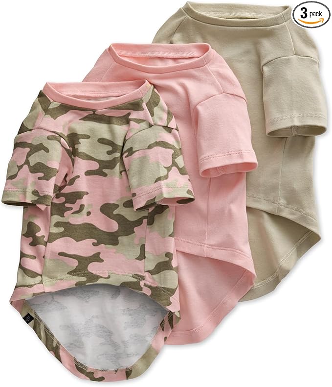 Pet Passion Toby II - The Perfect Tee, 3 Pack Short Sleeve Pet T-Shirt 100% Organic Cotton Tees Clothes for Small, Medium, Large Dogs, Pink Camo, Medium (20-45 lbs)