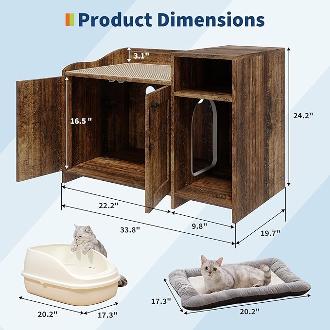 Garvee Cat Litter Box Enclosure Furniture Wooden Hidden Litter Box Cabinet with Vent Door Left Side Storage Drawer Shelf Small Storage Cabinet Raised Legs Top Protectors