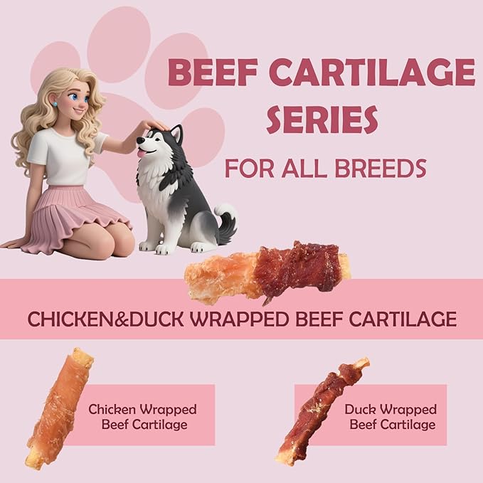 Healthy Dog Treats, Chicken Duck Wrapped Beef Cartilage Dog Chews, Long Lasting Grain Free Rawhide Free Dog Bones for Small Medium Dogs Daily Teeth Grinding Cleaning Chewing Snacks