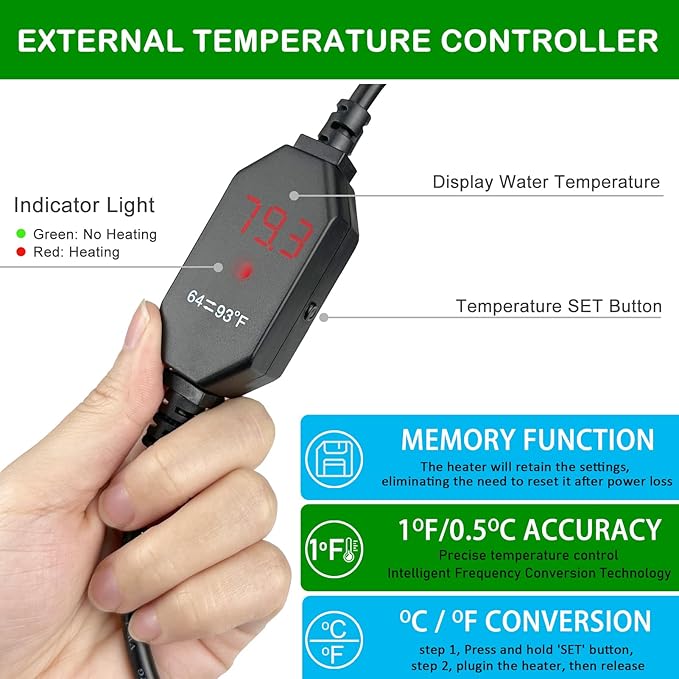 Small Submersible Aquarium Heater, Adjustable Mini Fish Tank Heater 15W 25W 50W with External Temperature Controller, Digital Display, Alumina Ceramic, for 3/5/10 Gallons (25W)