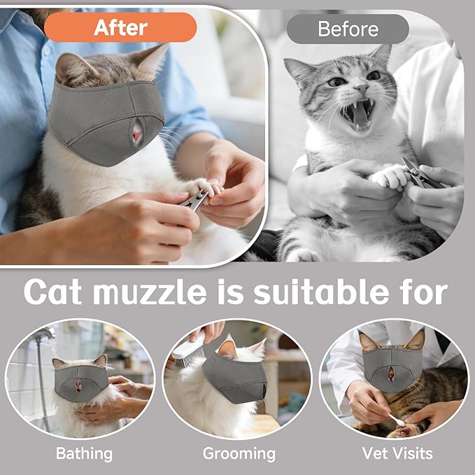 BARKLESS Cat Calming Muzzle for Grooming & Nail Trimming, Oxford Muzzle with Shading Design to Help Calm the Cat Down, Soft Head Cover to Prevent Biting & Scratching (Grey, M)