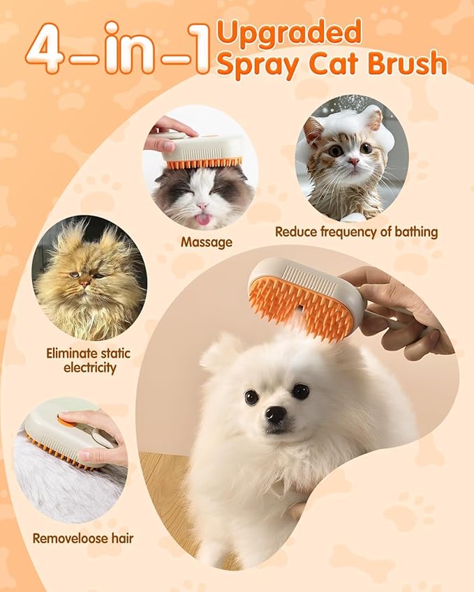 Pet Steam Brush, 2026 Upgrade 3 in 1 Self Cleaning Steam Cat Brush Pet Spray Comb, Anti-Static Pets Grooming Spray Brushes with Massage Cleaning Shedding for Long Short Haired Cats Dogs (White)