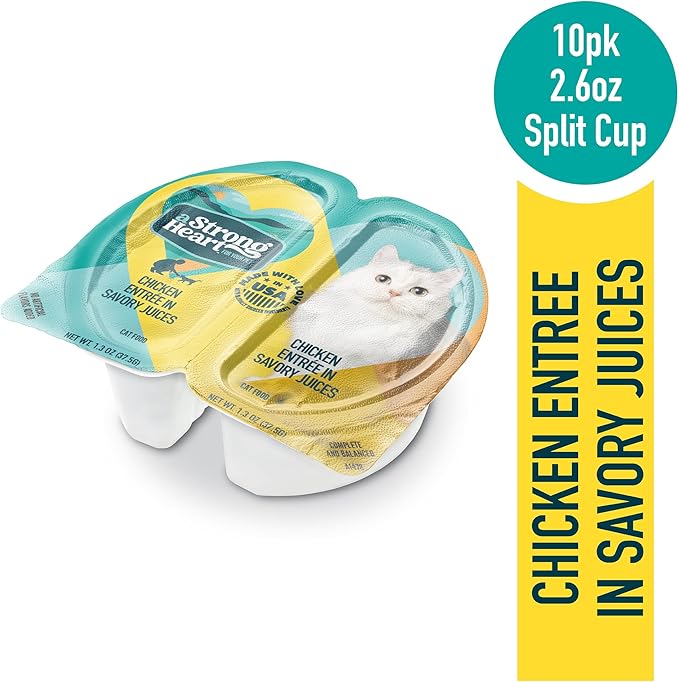 A Strong Heart Split Cup Wet Cat Food, Chicken Entree - 2.6 oz Split Cups, 20 Servings (Pack of 10), Made in The USA with Real Chicken