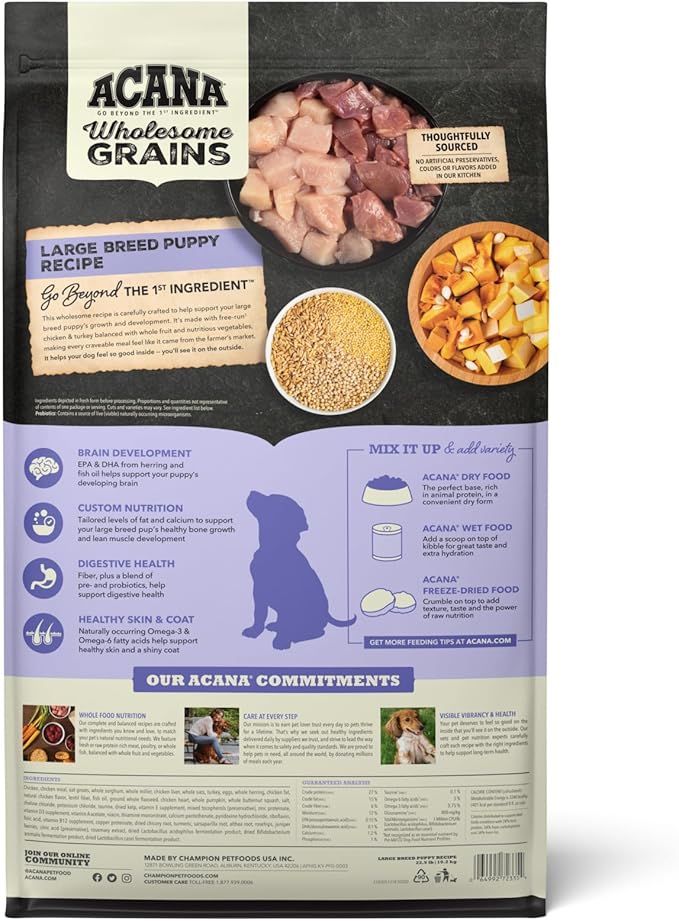 ACANA Wholesome Grains Dry Dog Food Large Breed Puppy Recipe 22.5lb Bag
