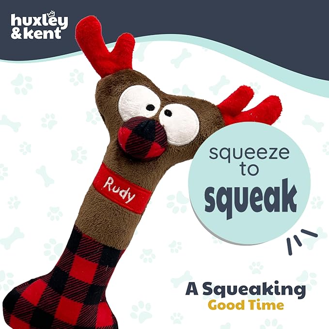 Huxley & Kent Funny Dog Toy w/Squeaker – Holiday Power Plush Squeaky Dog Toys for Small, Medium & Large Dogs – Soft Stuffed Animal for Indoor Play & Fetch - Reindeer Bone, One Size