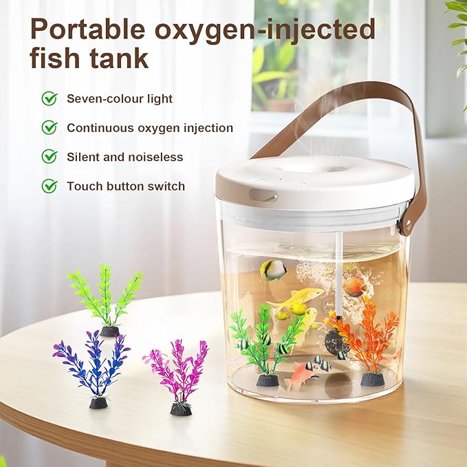 Oxygen-Injected Fish Tank, Small Fish Tank with 7 Color LED Light & Quiet Pump, Rechargeable Portable Mini Fish Tank with Lid, Travel Aquatic Pets Tank Starter Kit