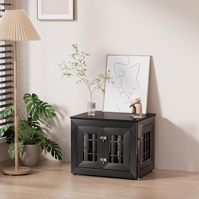 Snuowu 26" Heavy-Duty Dog Crate Furniture for Small/Medium Dogs, Rustic Wooden Dog Cage Kennel Indoor Furniture, Decorative Pet House End Table, Black