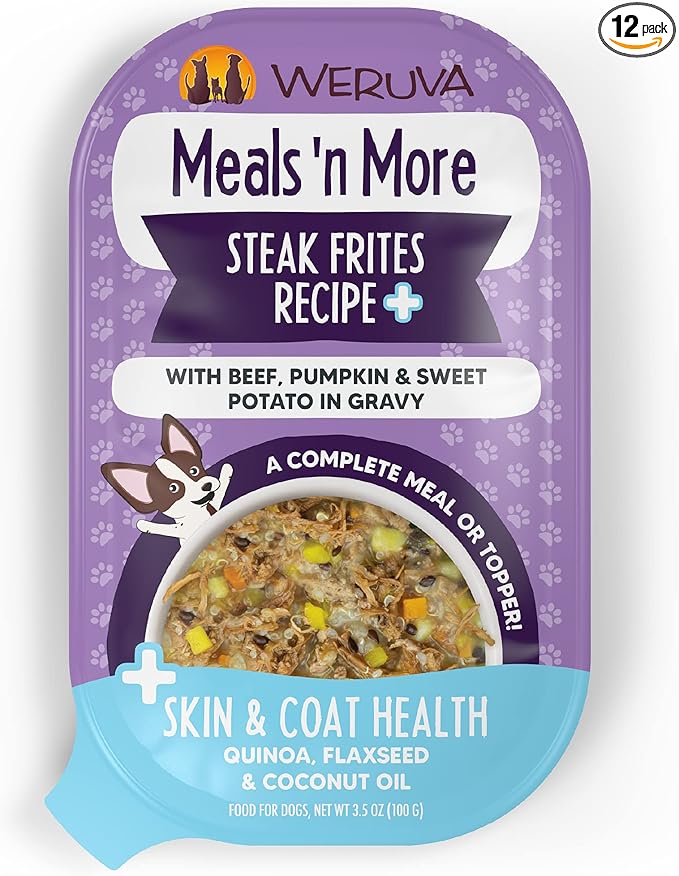 Weruva Meals 'n More Natural Wet Dog Food, Steak Frites Dinner Plus Skin & Coat Health, 3.5oz Cup (Pack of 12)
