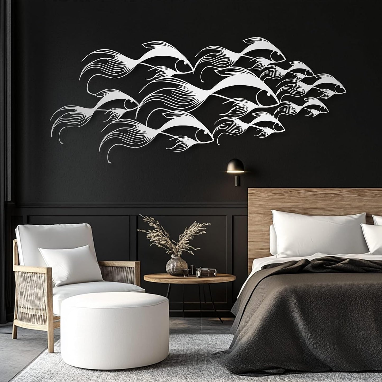 School of Fish Metal Wall Art, Metal Fish Wall Decor, Sea Life Wall Art, Large Nautical Wall Hanging, Modern Beach House Wall Decor, Ocean Themed Artwork for Bathroom (Silver, 30"x12" | 76x32cm)