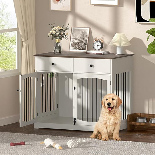 Kucreiheat 40'' Wooden Dog Crate Furniture–Farmhouse Dog Kenel-Multi Purpose Pet House with Double Doors, 2 Drawers, for Small, Medium & Large Dogs–White & Brown Finish