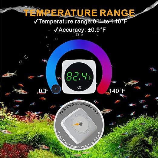 Aquarium Thermometer, Digital Fish Tank Thermometer Stick On, LED Display ±0.9°F with Touch Button for Aquatic Pets, Fish, Betta Axolotl & Turtle (1)