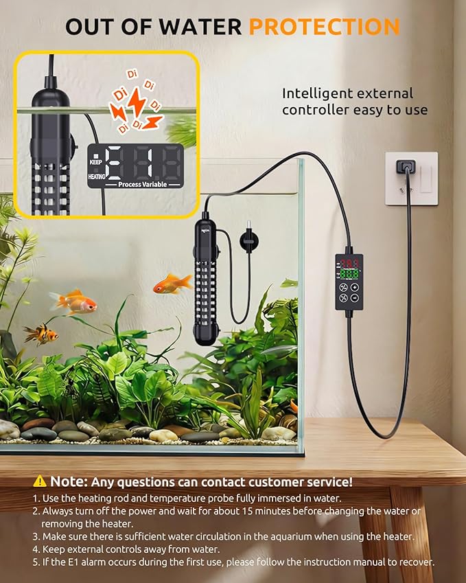 SEAOURA Small Aquarium Heater, 100W Fish Tank Heater for 10-20 Gallon, Submersible Turtle Heater with Digital Display Adjustable Safety Protection, Auto Power-Off When Leaving Water