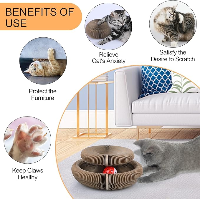 Simple Delxue Interactive Scratch Toys with a Ball, Magic Organ Cat Scratching Board, Cat Scratcher for Grinding Claw, Recyclable and Durable, Furniture Protector, Retractable, Brown, Reversible