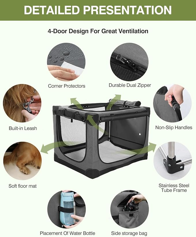 33 x 25 x 25 Inch Collapsible Soft Dog Crate for Dogs Up to 70 lbs, Portable Travel Pet Kennel with 4 Zip Doors, Foldable Indoor Outdoor Crate with Mat, Carry Bag, Grey
