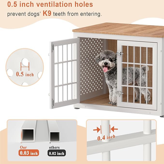 rehomerance 32" Heavy Duty Dog Crate Furniture for Small and Medium Dogs, Metal Kennel for High Anxiety Dogs, Chew Proof Pet Cage Indoor, Decorative Dog Kennel End Table, White