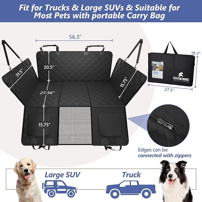 Back Seat Extender for Dogs Truck-Large Space, Hard Bottom Dog Pet Seat Cover Back Seat, Waterproof Dog Hammock for Crew Cab Trucks F150, RAM1500, Sierra, Tundra, Silverado, Black