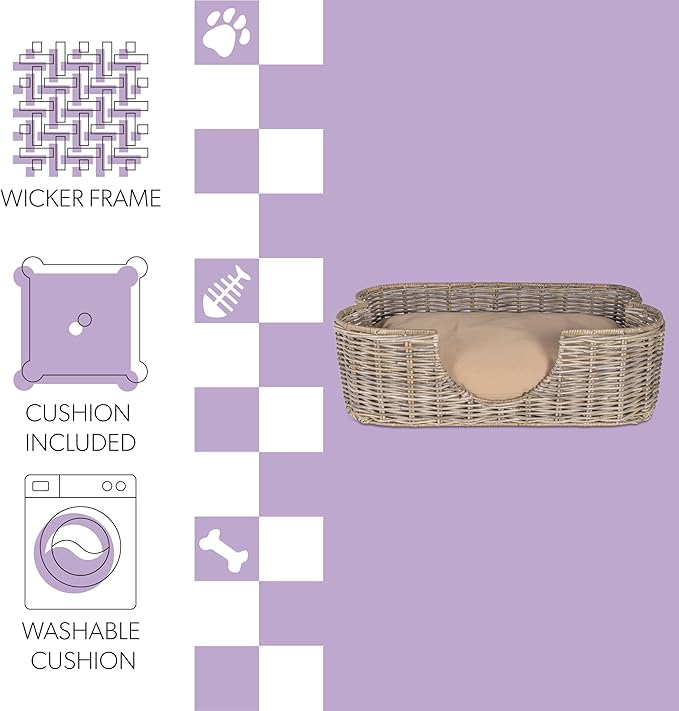 DBD1003A Scallop 31" x 20" Tropical Handwoven Rattan Dog Bed with Machine Washable Cushion, Kubu Gray