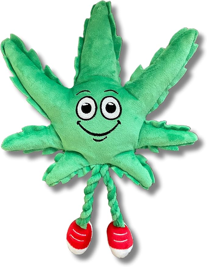 My Name is MJ, Cute Stuffed Parody Marijuana Leaf Dog Toy, Funny Squeaky Weed Toy, Cool Plush Novelty 420 Gift for Puppies & Small, Medium & Large Breeds, for Fetch & a Photo Prop, Shelf-Sitter