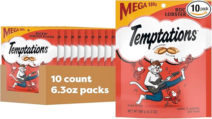 Temptations Classic Cat Treats, Rockin' Lobster Flavor, Crunchy and Soft Cat Treats 6.3 oz. Pouch (Pack of 10)