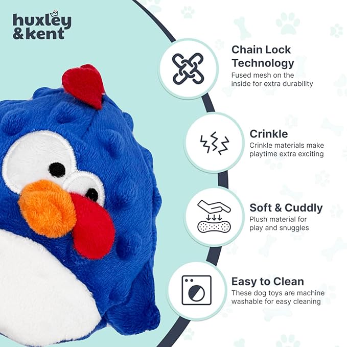 Huxley & Kent Funny Dog Toy w/Squeaker – Power Plush Squeaky Dog Toys for Small Dogs – Durable Small Stuffed Animal for Indoor Play & Fetch - Tiny Tuff Chicken Gordon Blue