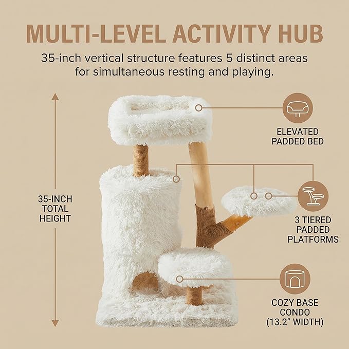 35" Multi-Level Cat Tree with Durable Sisal-Wrapped Posts, Dual Enclosed Condos, Cushioned Perches, and Removable Plush Cover,White