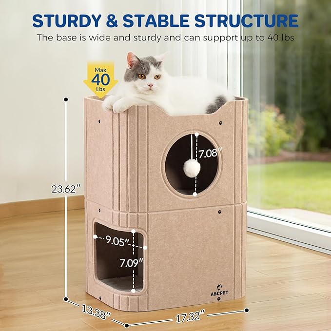 ABCPET Cat House for Indoor Cats, Cat Condo Cat Bed Cave, Felt Cats Hideaway Condo with Resistant Scratching Freedom Kitten Cube & Hanging Ball, Beige