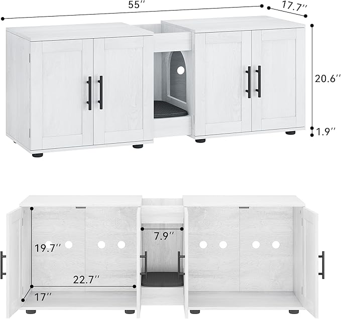 Cat Litter Box Enclosure for 2 Cats,55" Large Hidden Litter Box Furniture with Barn Door & Double Rooms,Modern Indoor Pet House TV Stand Side Table,Cats Washroom,for Bedroom Living Room,White