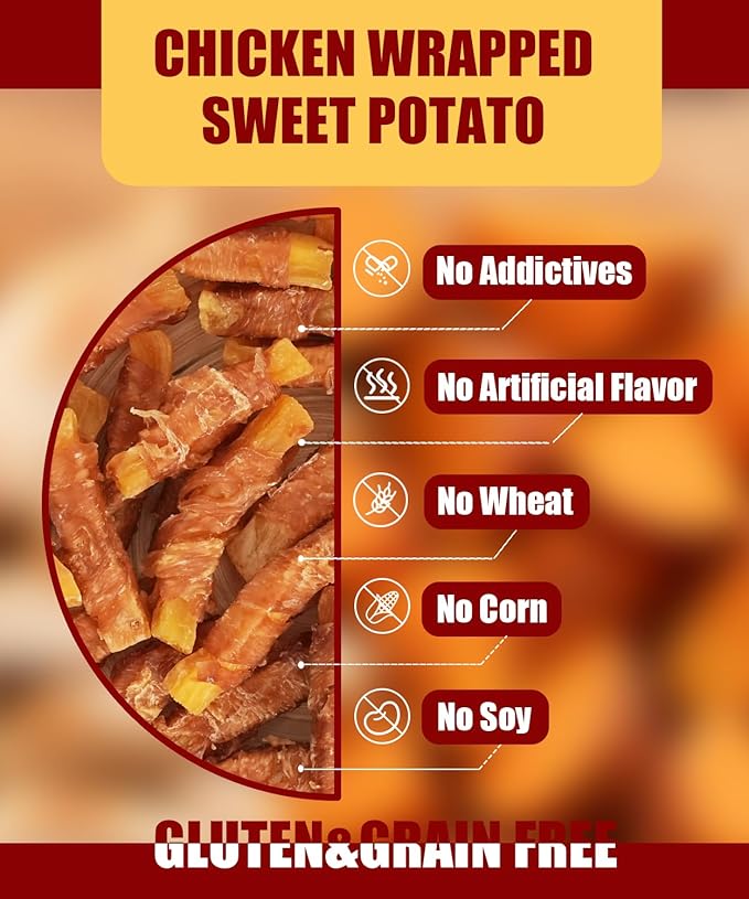 Chicken Wrapped Sweet Potato Dog Treats, Rawhide Free Chicken Jerky Training Treats for Dogs, Limited Ingredient, Grain Gluten Free, Low Fat High Protein with Taurine, 10.6 oz