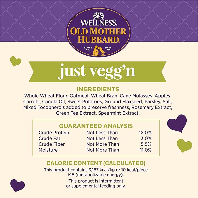 Old Mother Hubbard Wellness Classic Just Vegg'n Dog Biscuits, Natural Training Treats, Sweet Potato, Oats, Apple and Carrot Flavor, Mini Size, 20 oz Bag, (Pack of 2)