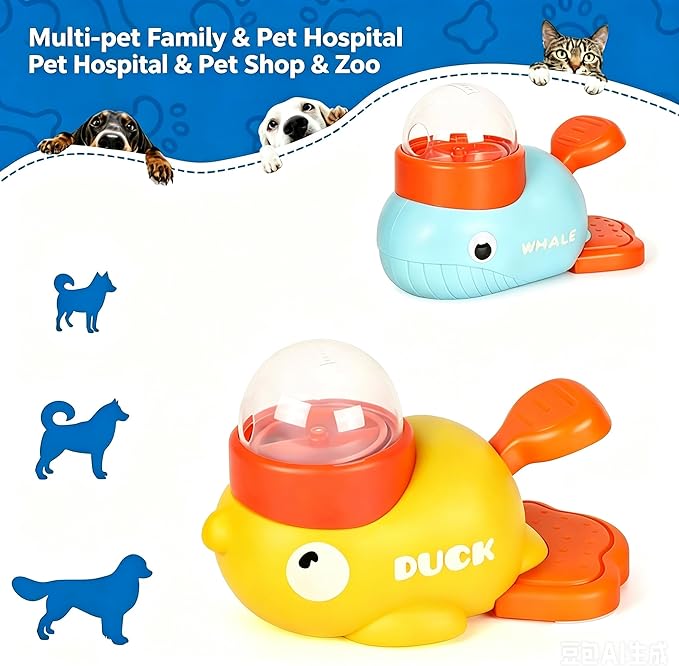 2-in-1 Interactive Dog Toy Food Puzzle Slow Feeder, Duck Shaped Toy cat Snack Dispenser can Reduce Abdominal Bloating (Yellow Duck and Light Blue Whale)