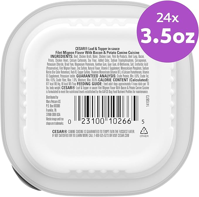 Cesar Loaf & Topper in Sauce Wet Dog Food Filet Mignon Flavor with Bacon & Potato, 3.5 oz. Easy Peel Trays, 24 Count (Pack of 1)