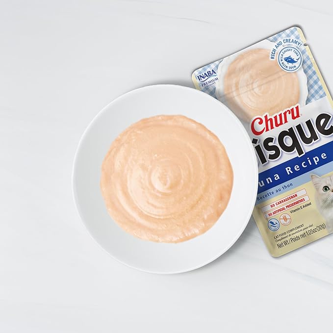 INABA Churu Bisque Indoor Care for Hairball Control for Cats, Creamy Lickable Purée Side Dish with Vitamin E, 1.05 Ounce Pouch, 15 Pouch, Tuna & Chicken Variety