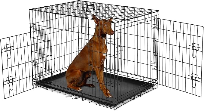 Dog Crate, 47 Inch Extra Large Wire Kennel with Divider Panel, Metal Cages with Double Door, Leak-Proof Pan Tray, Folding Portable for Indoor Outdoor Travel