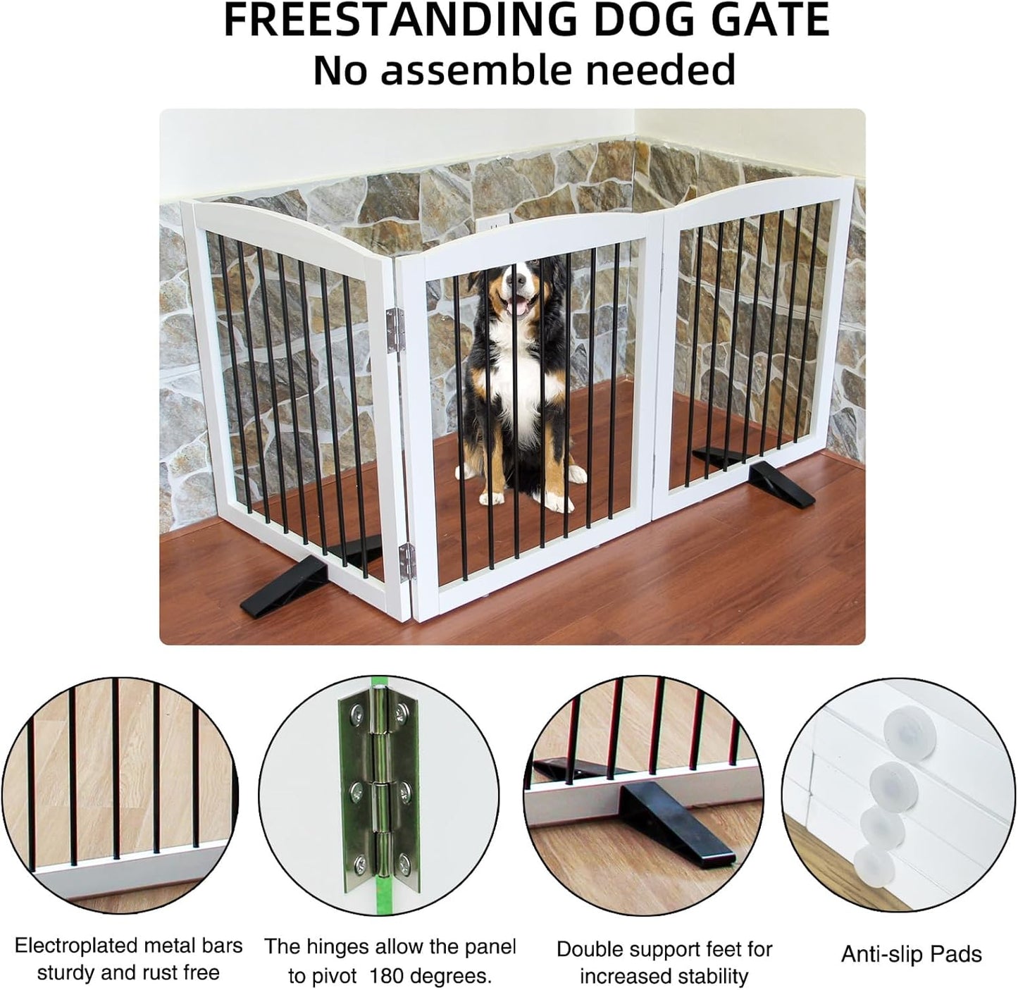 Freestanding Panel Dog Gate for Indoor Doorways, Stairs, or Hallways - Foldable Wooden Pet Gate, 24" Height - 3 Panels, White