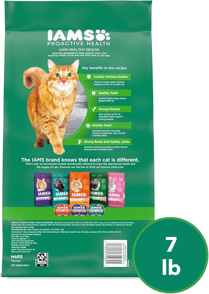 IAMS Proactive Health Senior Dry Cat Food, Cat Food Dry Chicken Recipe, Real Chicken in Every Bite, 7 lb. Bag