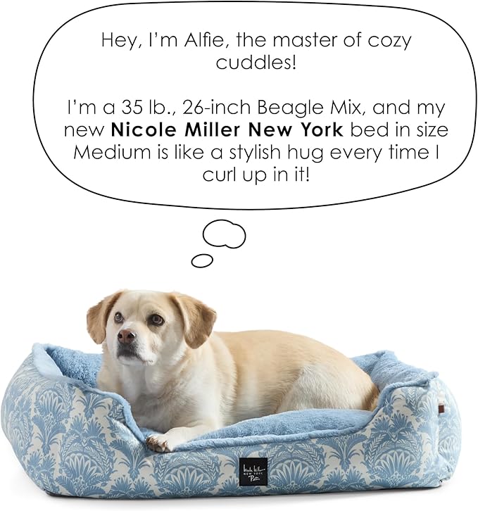 Nicole Miller New York PET Mod Damask Plushy Bolster Pet Bed, Cozy & Calming, Non-Slip Bottom, Machine Washable Cover, Taupe, Medium 30"x23"x8"