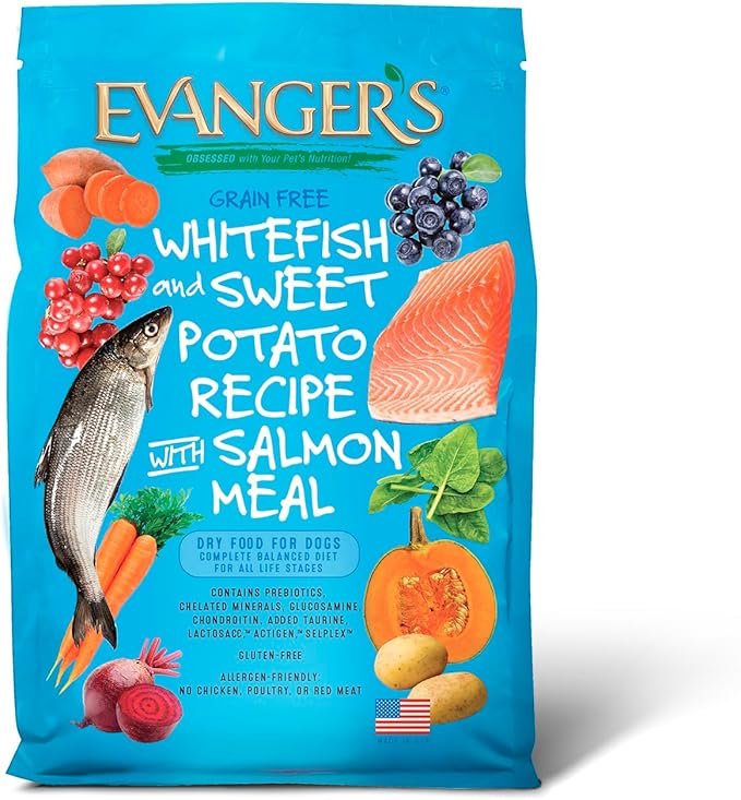 Evanger's Grain Free Whitefish and Sweet Potato Recipe with Salmon Meal Dry Food for Dogs – 16.5 lb – Chicken & Poultry Free, Prebiotics, Coconut Oil, All Life Stages