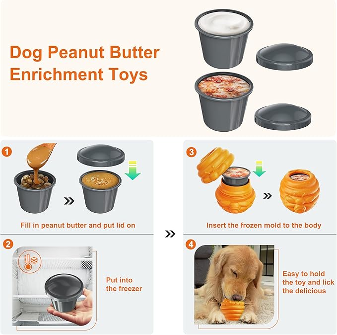 Durable Dog Toys 2 Pack, Fillable Dog Treat Dispenser and Enrichment Peanut Butter Frozen Licking Toys in Honey Pot Shape, Boredom Killing and Mental Stimulation Toys for Large Dogs to Keep Them Busy
