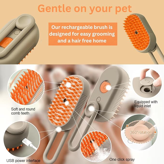 Cat & Dog Grooming Brush, 3-in-1 Steamy Spray Comb for Shedding & Mats, Self-Cleaning Slicker, Detangling De-Shedding Pet Hair Remover, Anti-Static Massage Brush for Long & Short Hair