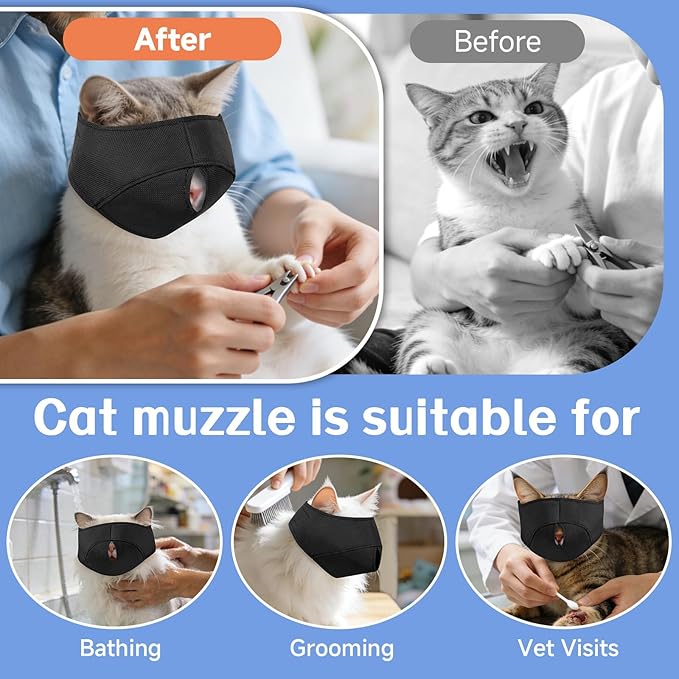 BARKLESS Cat Calming Muzzle for Grooming & Nail Trimming, Oxford Muzzle with Shading Design to Help Calm the Cat Down, Soft Head Cover to Prevent Biting & Scratching (Black, S)