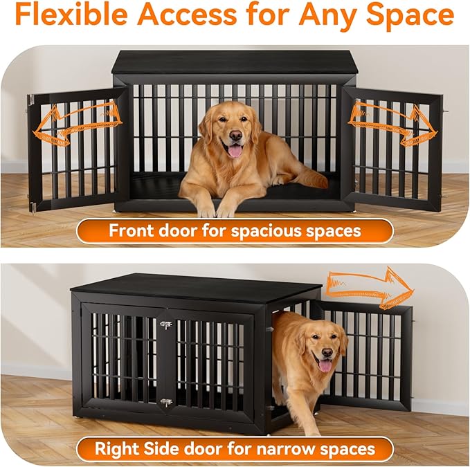 Snuowu 48" Heavy-Duty Dog Crate Furniture for Large Dogs, XXL Wooden Dog Cage Kennel Indoor Furniture, Decorative Pet House End Table, Black